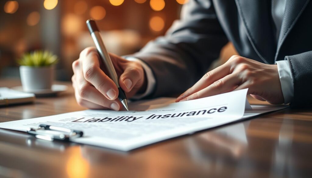 High-resolution close-up photograph of a businessman's hands signing a document labeled "Liability Insurance". Warm, professional lighting illuminates the scene with a shallow depth of field, drawing the viewer's attention to the important contract details. The background is a blurred, softly-focused office environment, hinting at the broader context of a corporate setting. An air of seriousness and responsibility permeates the image, reflecting the significance of the liability insurance coverage being secured.