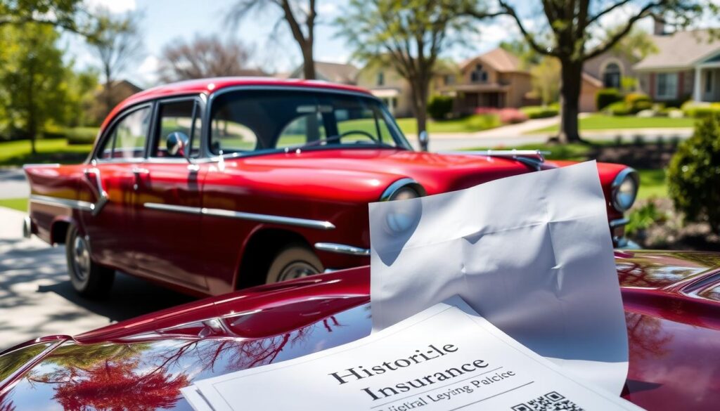 a classic red vintage sedan with chrome trim and whitewall tires parked in a driveway, sunlight filtering through the trees and gently illuminating the car, in the foreground a well-maintained insurance policy document with the title "Historic Vehicle Insurance" resting on the car's hood, a picturesque suburban neighborhood in the background with manicured lawns and a blue sky above a classic red vintage sedan with chrome trim and whitewall tires parked in a driveway, sunlight filtering through the trees and gently illuminating the car, in the foreground a well-maintained insurance policy document with the title "Historic Vehicle Insurance" resting on the car's hood, a picturesque suburban neighborhood in the background with manicured lawns and a blue sky above