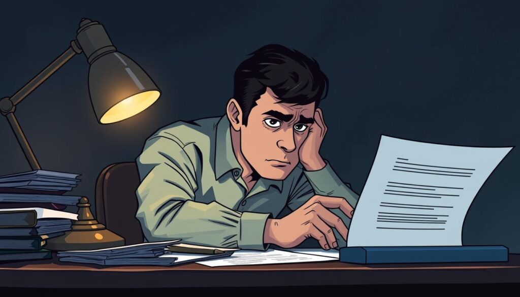 a detailed illustration of a person sitting at a desk, anxiously waiting to receive an important document or letter regarding their life insurance policy. the desk is cluttered with forms, paperwork, and a desk lamp casting a warm, focused light on the scene. the person is leaning forward, brows furrowed, with a pensive, worried expression, representing the stress and uncertainty of the "waiting period" for their life insurance coverage to take effect. the background is dimly lit, with muted tones and shadows, conveying a sense of unease and anticipation. the composition emphasizes the isolation and tension of the moment, drawing the viewer's attention to the individual's inner turmoil during this critical period.